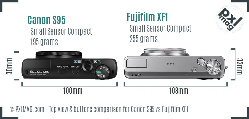 Canon S95 vs Fujifilm XF1 top view buttons comparison