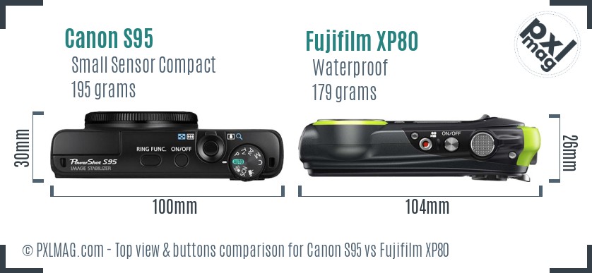 Canon S95 vs Fujifilm XP80 top view buttons comparison
