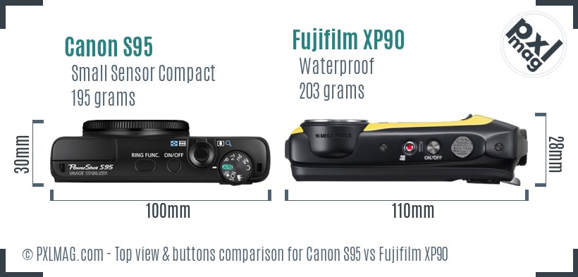 Canon S95 vs Fujifilm XP90 top view buttons comparison
