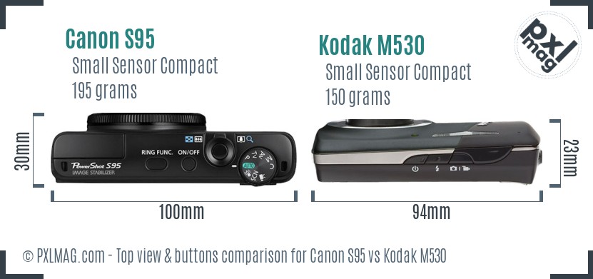 Canon S95 vs Kodak M530 top view buttons comparison