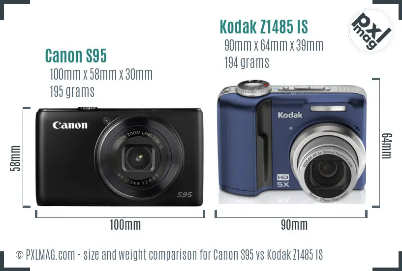 Canon S95 vs Kodak Z1485 IS size comparison