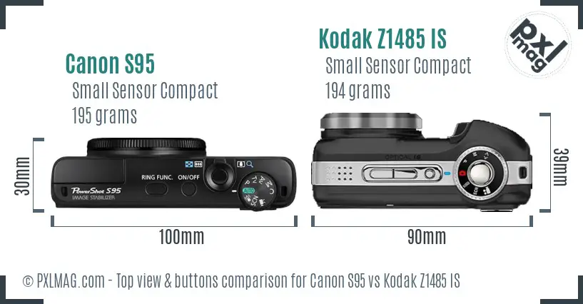 Canon S95 vs Kodak Z1485 IS top view buttons comparison