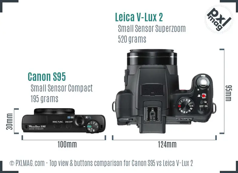 Canon S95 vs Leica V-Lux 2 top view buttons comparison Canon S95 vs Leica V-Lux 2 top view buttons comparison