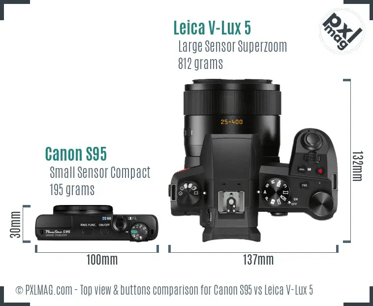 Canon S95 vs Leica V-Lux 5 top view buttons comparison Canon S95 vs Leica V-Lux 5 top view buttons comparison