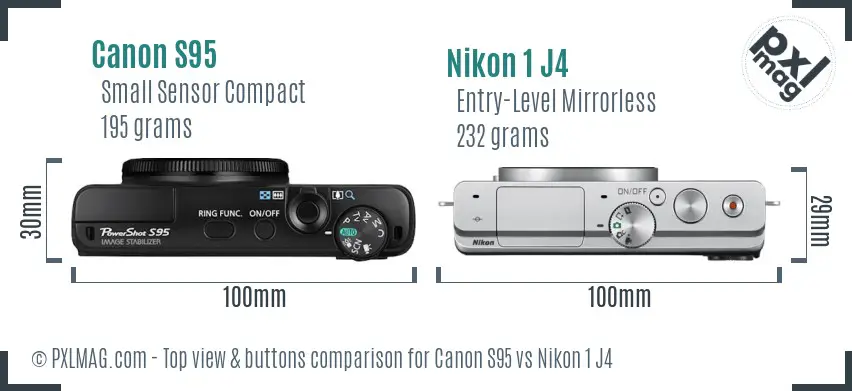 Canon S95 vs Nikon 1 J4 top view buttons comparison
