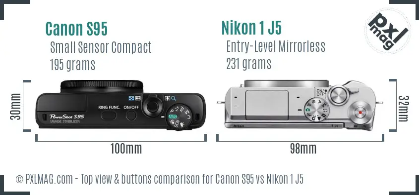 Canon S95 vs Nikon 1 J5 top view buttons comparison Canon S95 vs Nikon 1 J5 top view buttons comparison