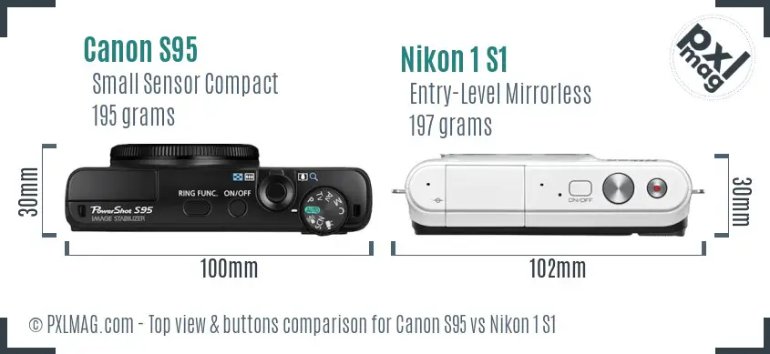 Canon S95 vs Nikon 1 S1 top view buttons comparison Canon S95 vs Nikon 1 S1 top view buttons comparison