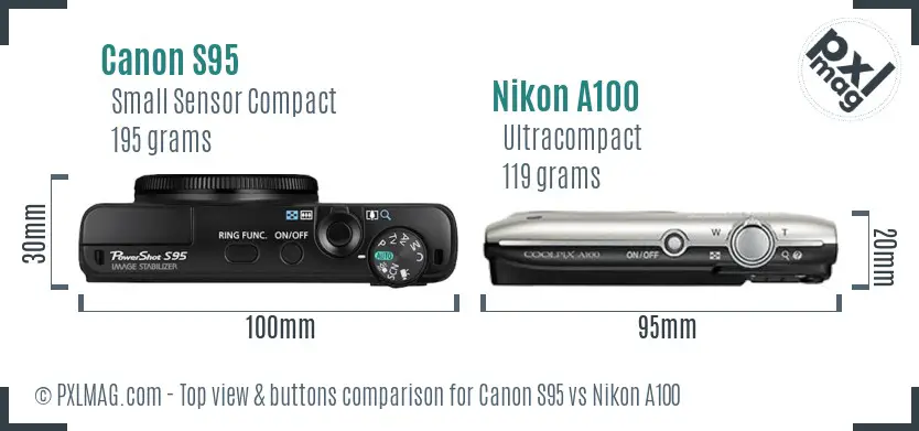 Canon S95 vs Nikon A100 top view buttons comparison Canon S95 vs Nikon A100 top view buttons comparison