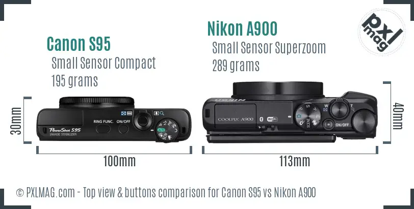 Canon S95 vs Nikon A900 top view buttons comparison Canon S95 vs Nikon A900 top view buttons comparison