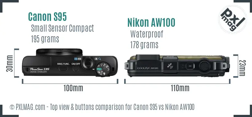Canon S95 vs Nikon AW100 top view buttons comparison