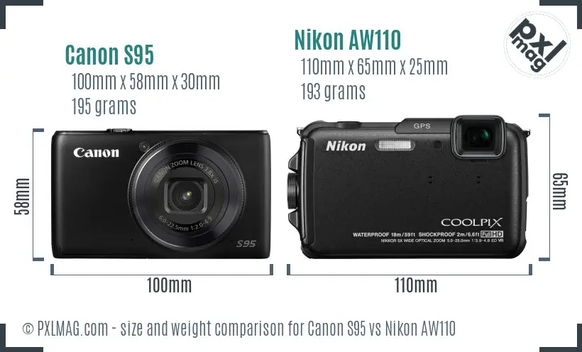 Canon S95 vs Nikon AW110 size comparison