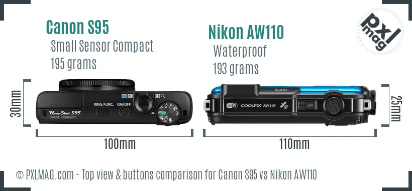 Canon S95 vs Nikon AW110 top view buttons comparison