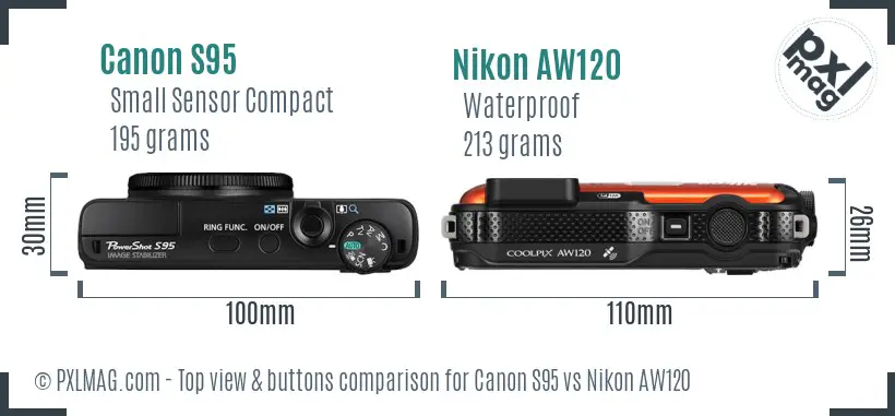 Canon S95 vs Nikon AW120 top view buttons comparison