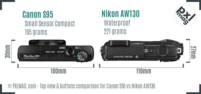 Canon S95 vs Nikon AW130 top view buttons comparison