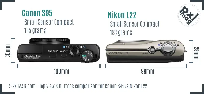 Canon S95 vs Nikon L22 top view buttons comparison Canon S95 vs Nikon L22 top view buttons comparison
