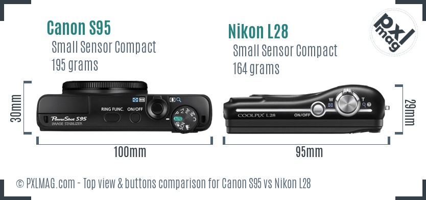 Canon S95 vs Nikon L28 top view buttons comparison