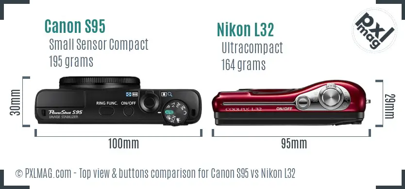Canon S95 vs Nikon L32 top view buttons comparison Canon S95 vs Nikon L32 top view buttons comparison