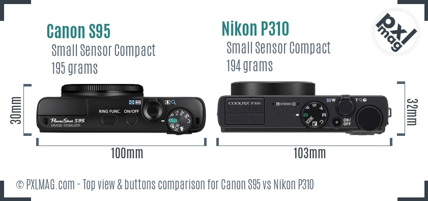 Canon S95 vs Nikon P310 top view buttons comparison