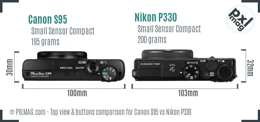 Canon S95 vs Nikon P330 top view buttons comparison Canon S95 vs Nikon P330 top view buttons comparison