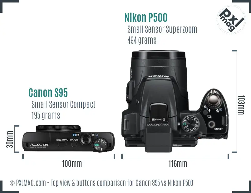 Canon S95 vs Nikon P500 top view buttons comparison