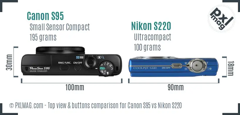 Canon S95 vs Nikon S220 top view buttons comparison Canon S95 vs Nikon S220 top view buttons comparison