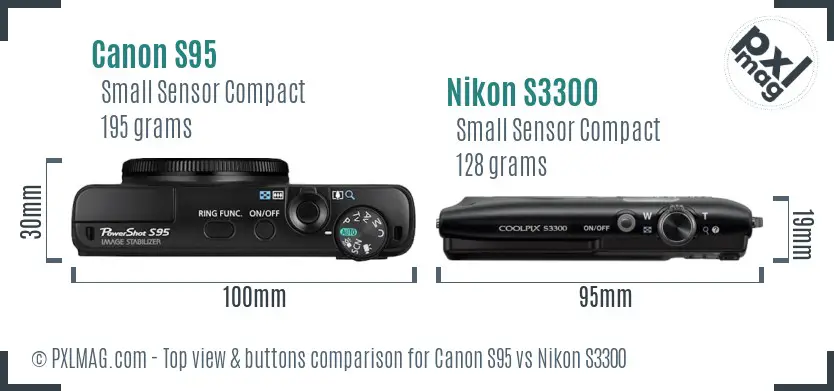 Canon S95 vs Nikon S3300 top view buttons comparison Canon S95 vs Nikon S3300 top view buttons comparison