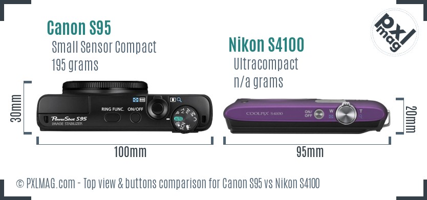 Canon S95 vs Nikon S4100 top view buttons comparison