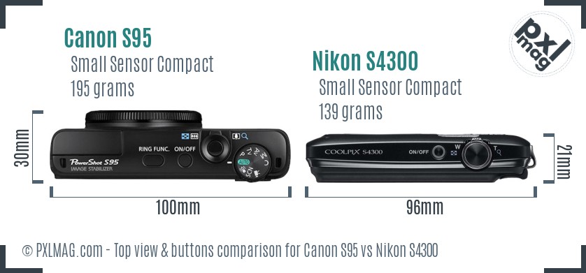 Canon S95 vs Nikon S4300 top view buttons comparison