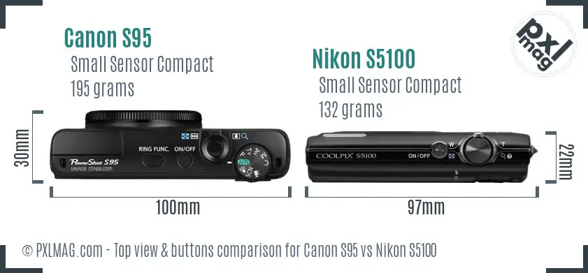 Canon S95 vs Nikon S5100 top view buttons comparison