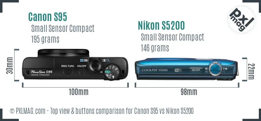 Canon S95 vs Nikon S5200 top view buttons comparison