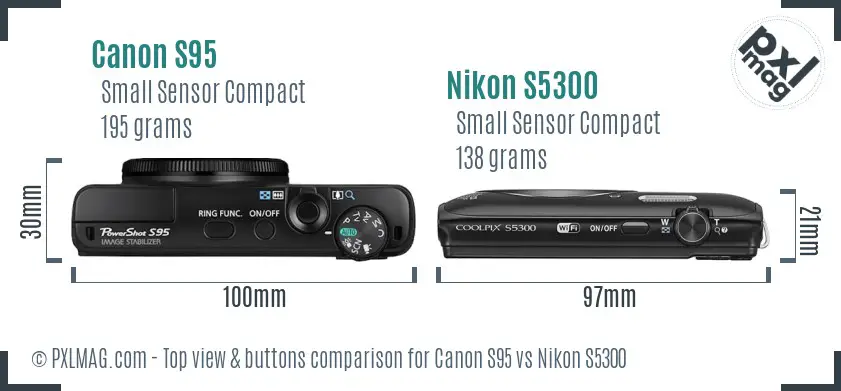 Canon S95 vs Nikon S5300 top view buttons comparison