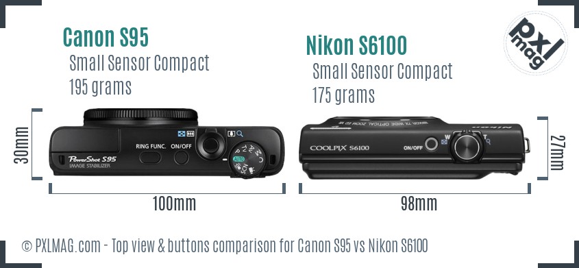 Canon S95 vs Nikon S6100 top view buttons comparison