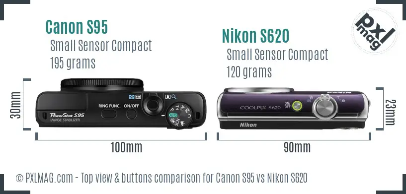 Canon S95 vs Nikon S620 top view buttons comparison