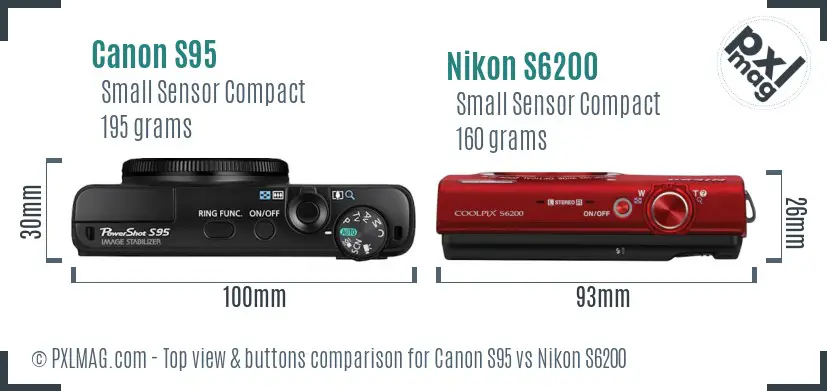 Canon S95 vs Nikon S6200 top view buttons comparison