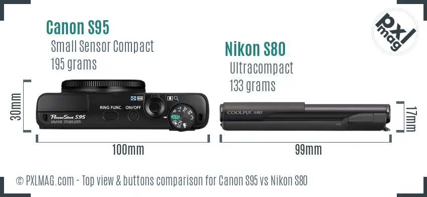 Canon S95 vs Nikon S80 top view buttons comparison Canon S95 vs Nikon S80 top view buttons comparison