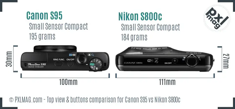 Canon S95 vs Nikon S800c top view buttons comparison Canon S95 vs Nikon S800c top view buttons comparison
