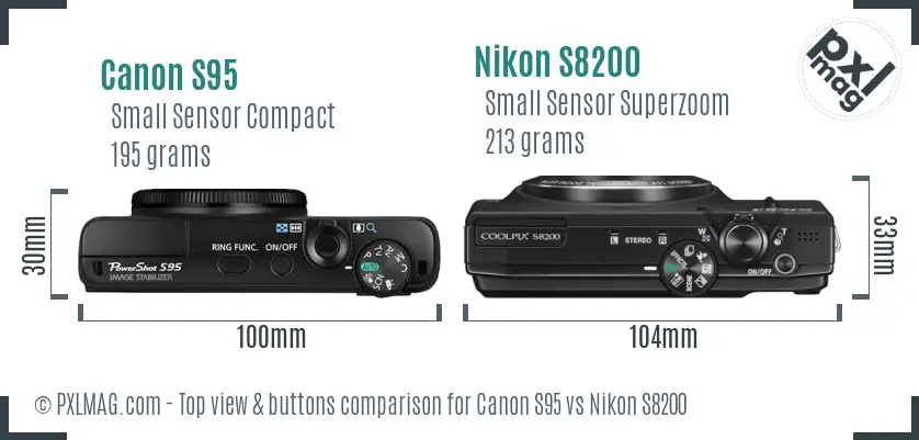 Canon S95 vs Nikon S8200 top view buttons comparison Canon S95 vs Nikon S8200 top view buttons comparison