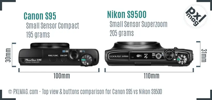 Canon S95 vs Nikon S9500 top view buttons comparison