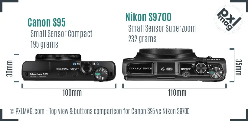 Canon S95 vs Nikon S9700 top view buttons comparison