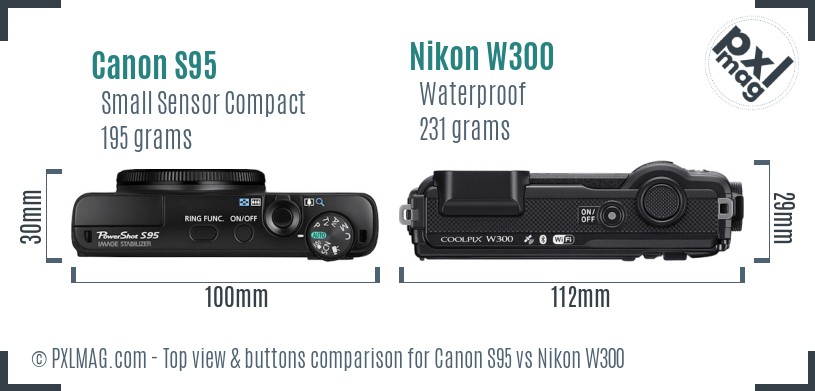 Canon S95 vs Nikon W300 top view buttons comparison