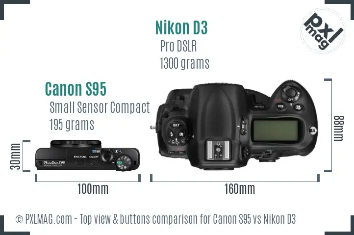 Canon S95 vs Nikon D3 top view buttons comparison Canon S95 vs Nikon D3 top view buttons comparison