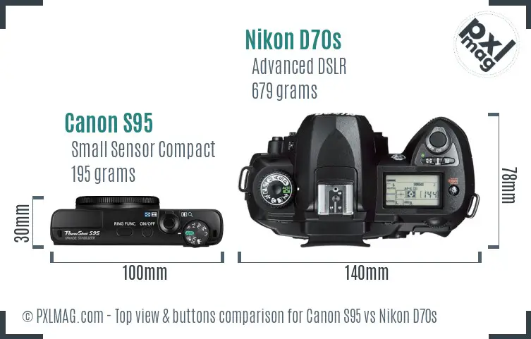 Canon S95 vs Nikon D70s top view buttons comparison