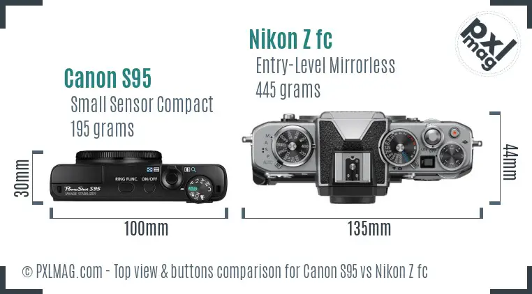 Canon S95 vs Nikon Z fc top view buttons comparison Canon S95 vs Nikon Z fc top view buttons comparison