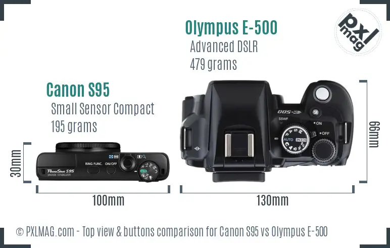 Canon S95 vs Olympus E-500 top view buttons comparison Canon S95 vs Olympus E-500 top view buttons comparison