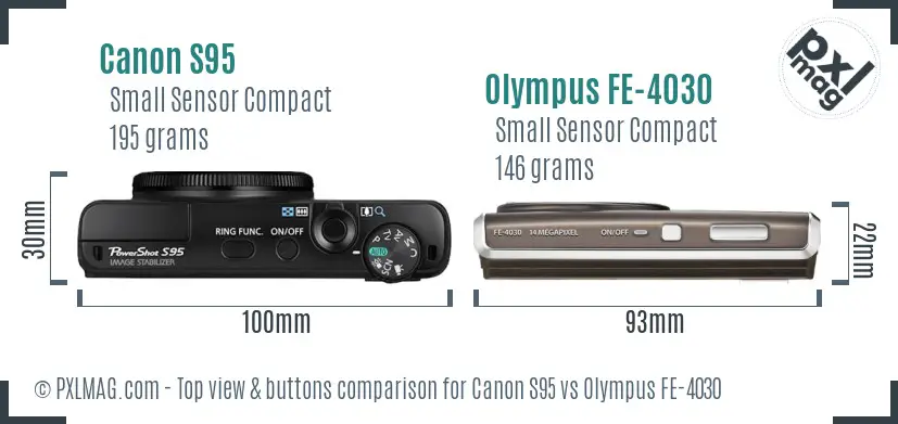 Canon S95 vs Olympus FE-4030 top view buttons comparison Canon S95 vs Olympus FE-4030 top view buttons comparison