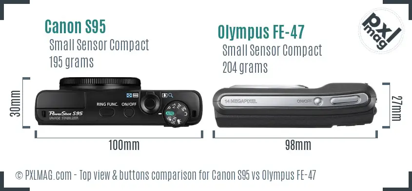 Canon S95 vs Olympus FE-47 top view buttons comparison