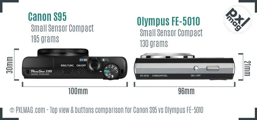 Canon S95 vs Olympus FE-5010 top view buttons comparison Canon S95 vs Olympus FE-5010 top view buttons comparison