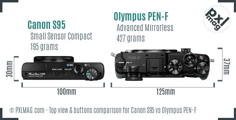 Canon S95 vs Olympus PEN-F top view buttons comparison Canon S95 vs Olympus PEN-F top view buttons comparison