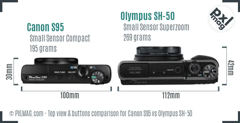 Canon S95 vs Olympus SH-50 top view buttons comparison Canon S95 vs Olympus SH-50 top view buttons comparison