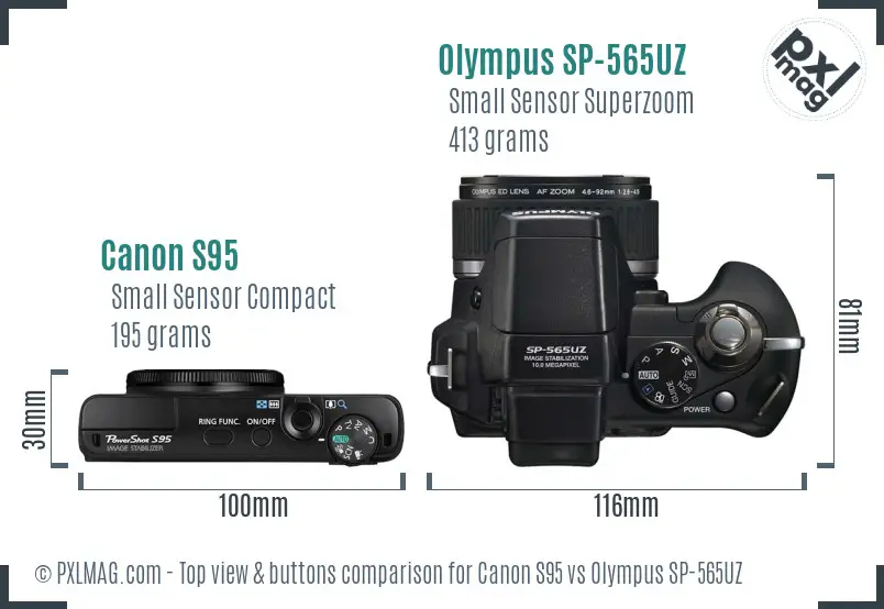 Canon S95 vs Olympus SP-565UZ top view buttons comparison